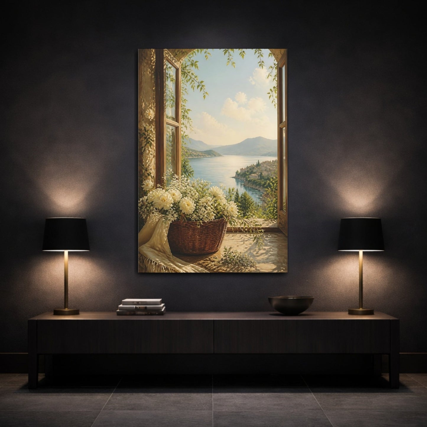 Nature Coastal View Flowers Canvas Print – Living Room, Above Fireplace, Blue and Green - YesArtYes