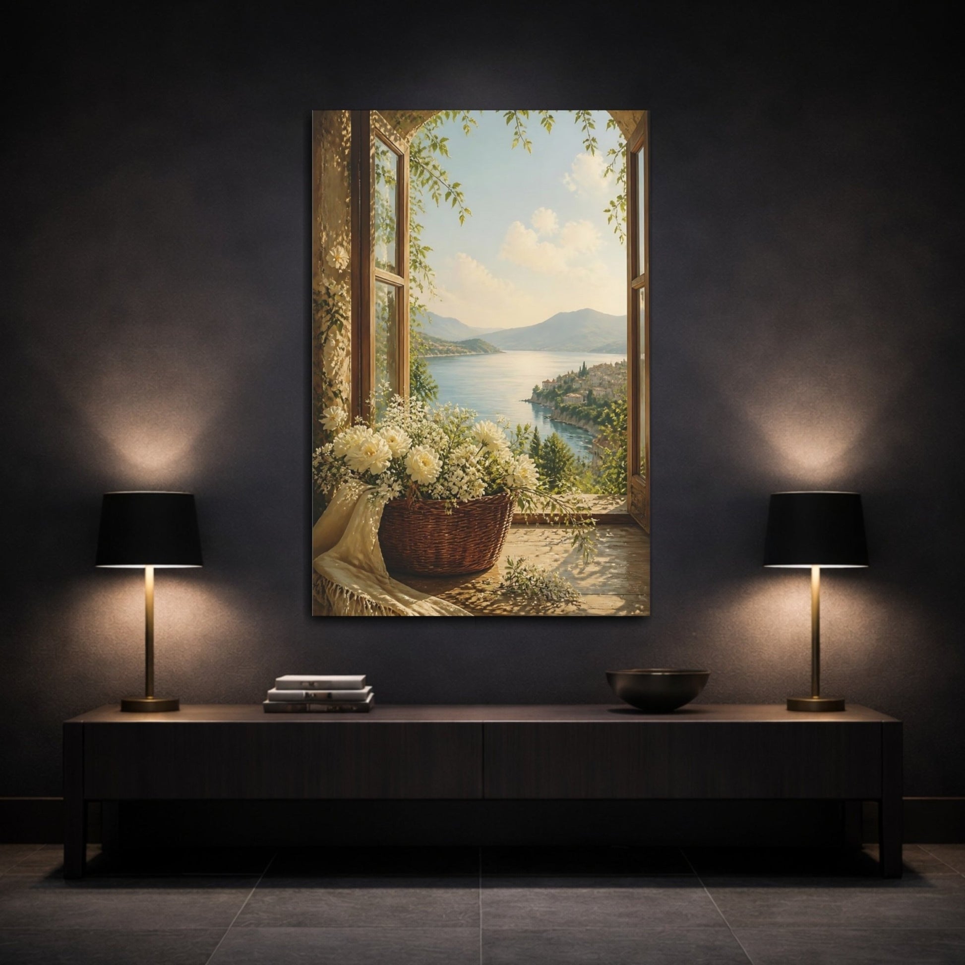 Nature Coastal View Flowers Canvas Print – Living Room, Above Fireplace, Blue and Green - YesArtYes