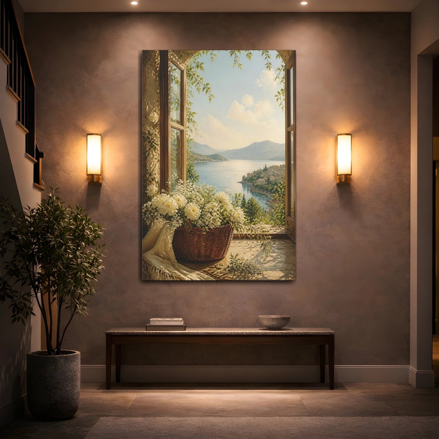 Nature Coastal View Flowers Canvas Print – Living Room, Above Fireplace, Blue and Green - YesArtYes