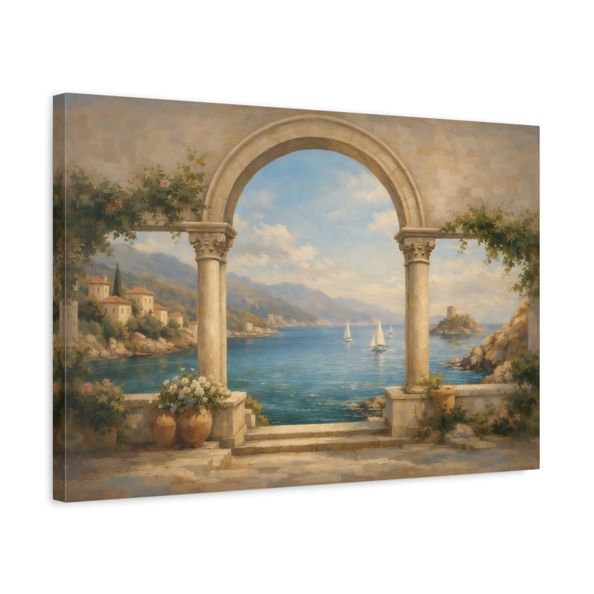 Side Mockup 3. Nature Coastal View Mediterranean Coastal shown as stretched canvas wall art