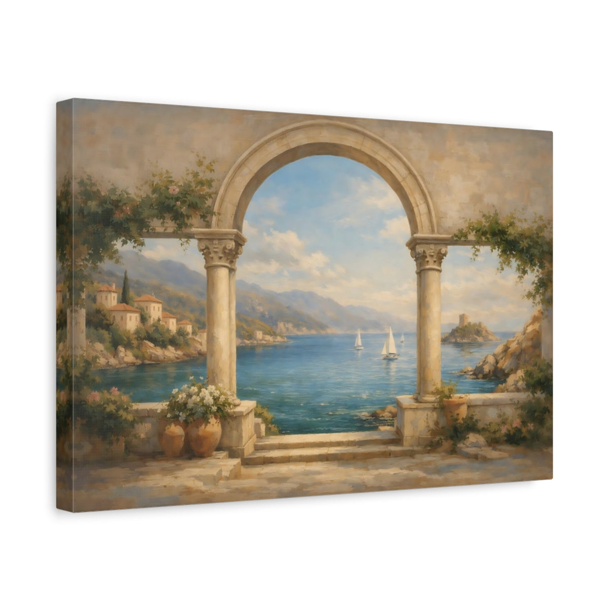 Side Mockup 4. Nature Coastal View Mediterranean Coastal shown as stretched canvas wall art