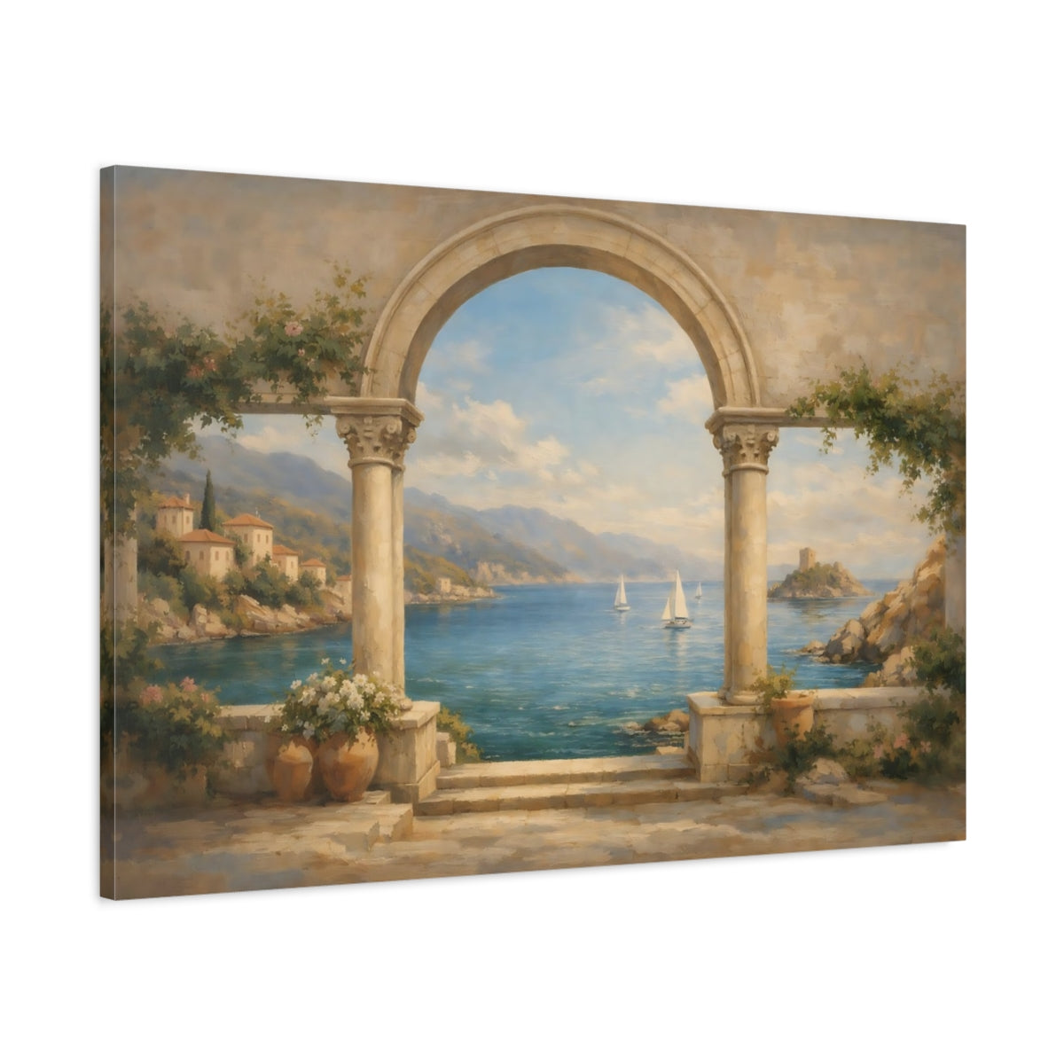Side Mockup 1. Nature Coastal View Mediterranean Coastal shown as stretched canvas wall art
