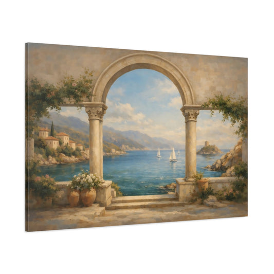 Main Mockup. Nature Coastal View Mediterranean Coastal shown as stretched canvas wall art