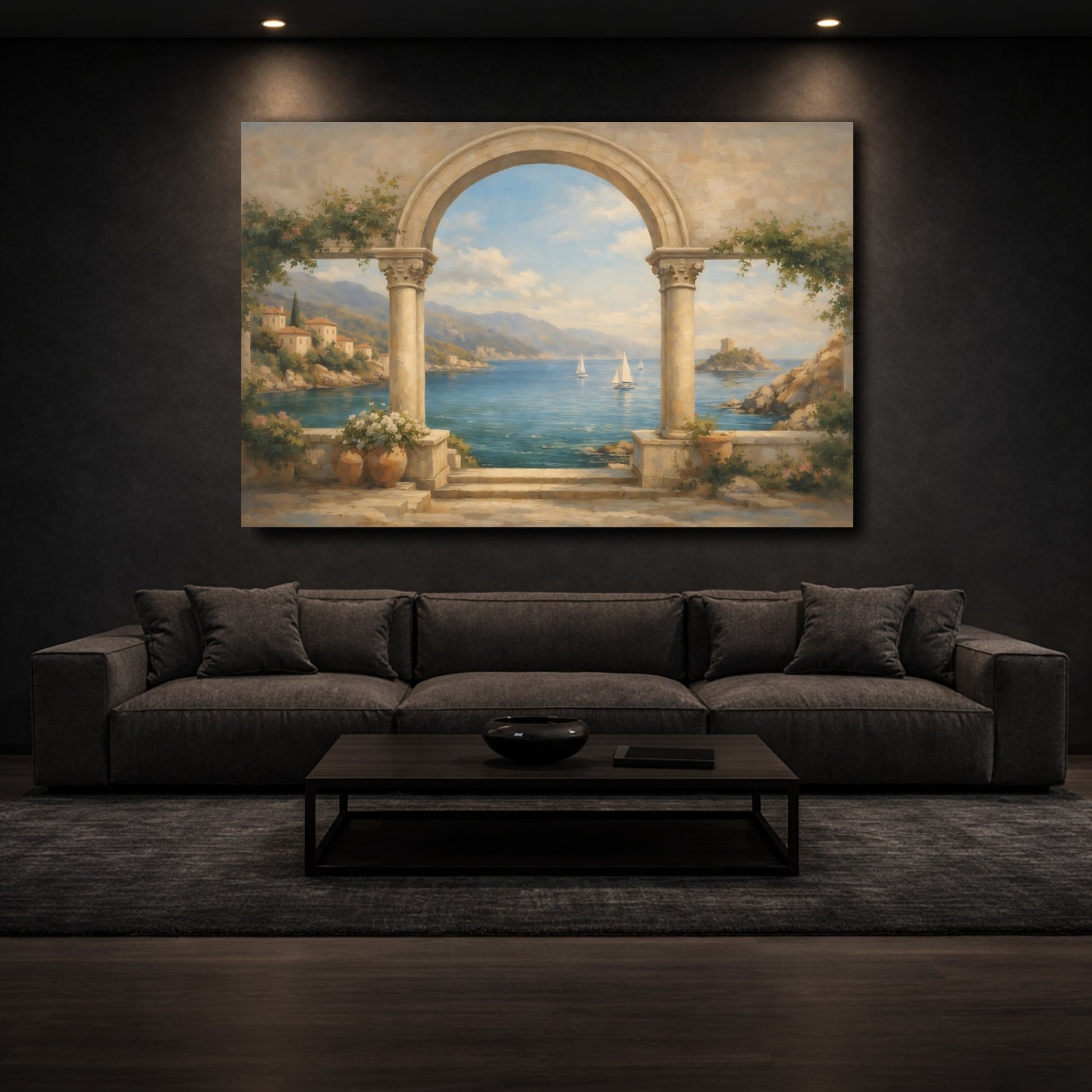 Mockup 2. Nature Coastal View Mediterranean Coastal shown as stretched canvas wall art