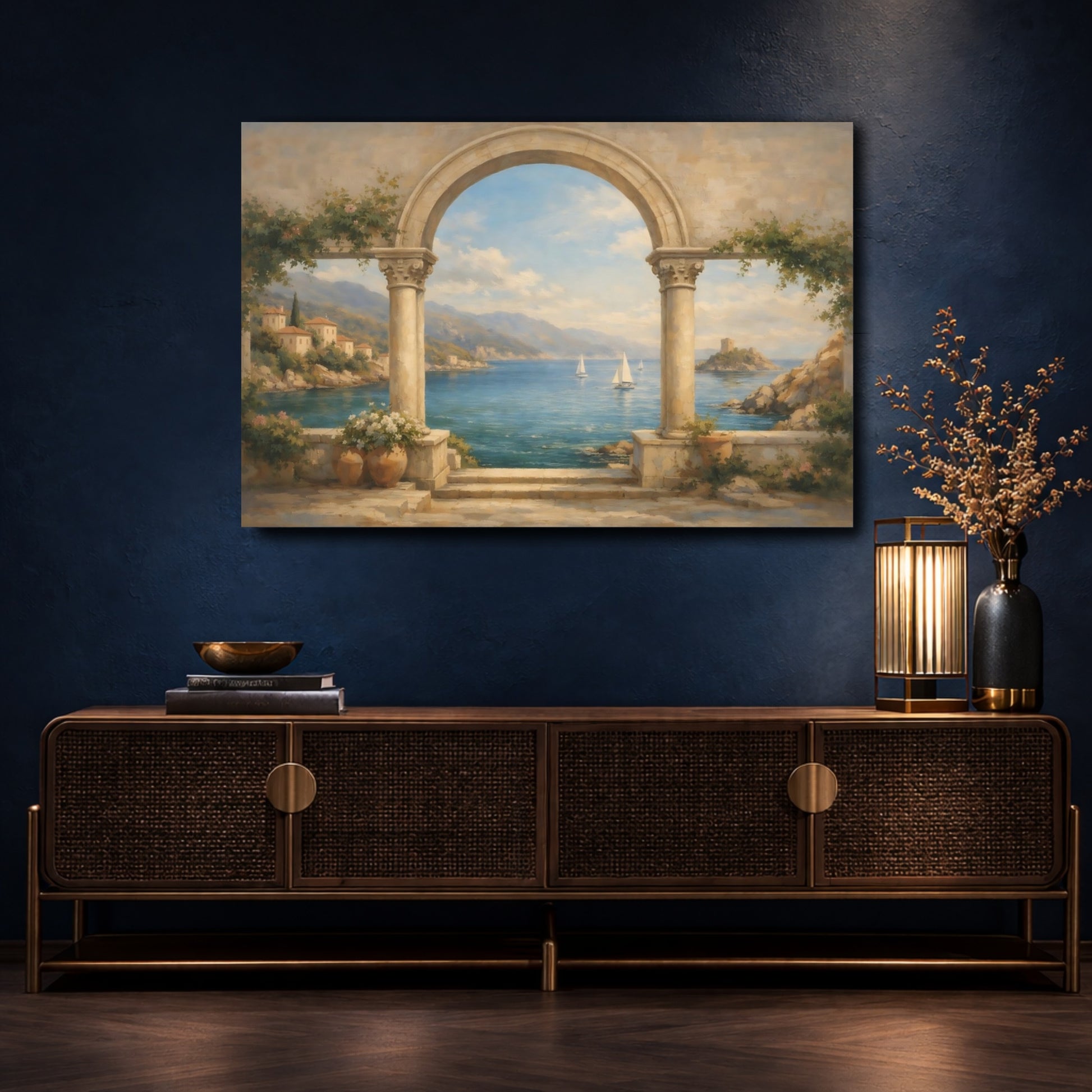 Mockup 4. Nature Coastal View Mediterranean Coastal shown as stretched canvas wall art