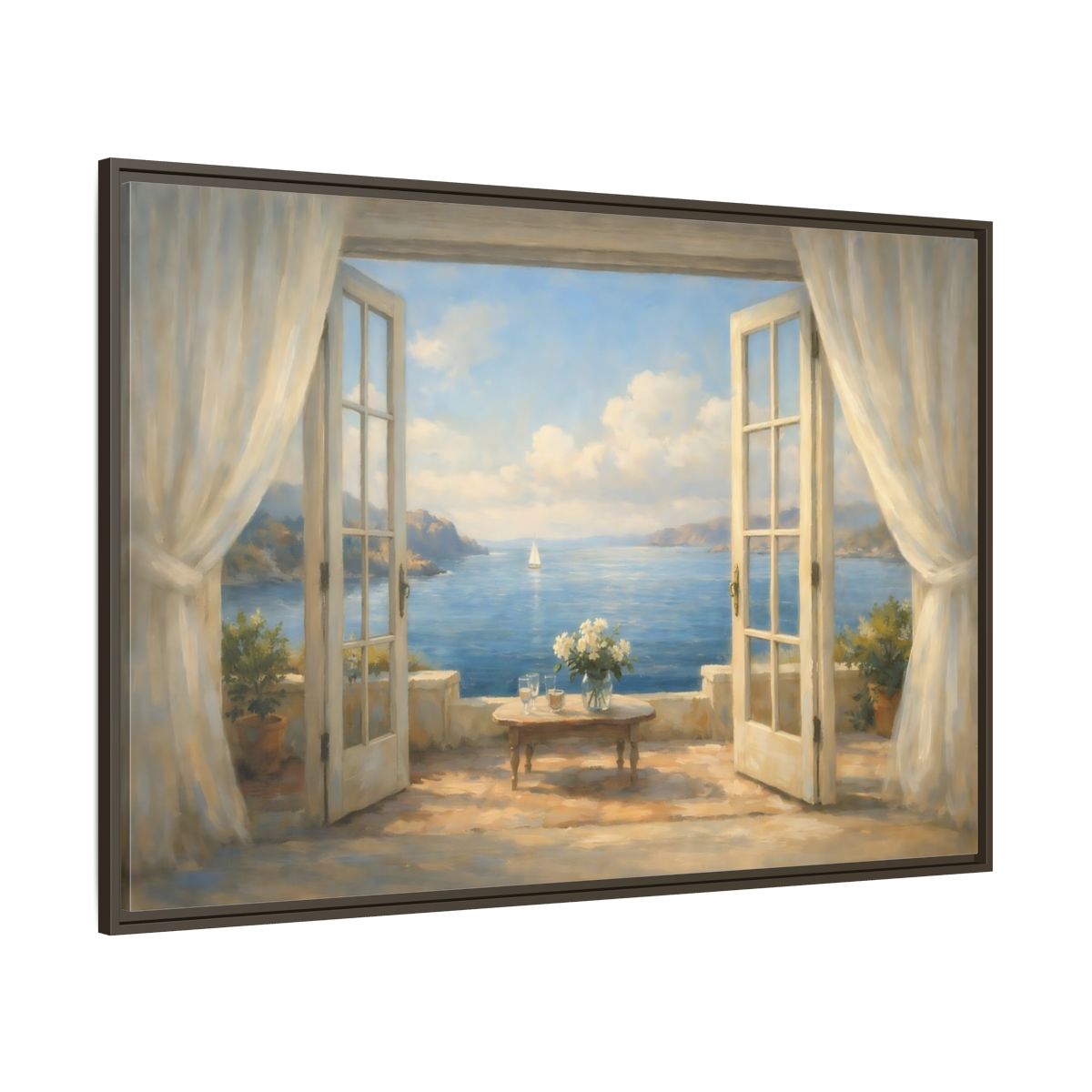 Main Mockup. Nature Coastal View Mediterranean Seascape shown as stretched canvas wall art
