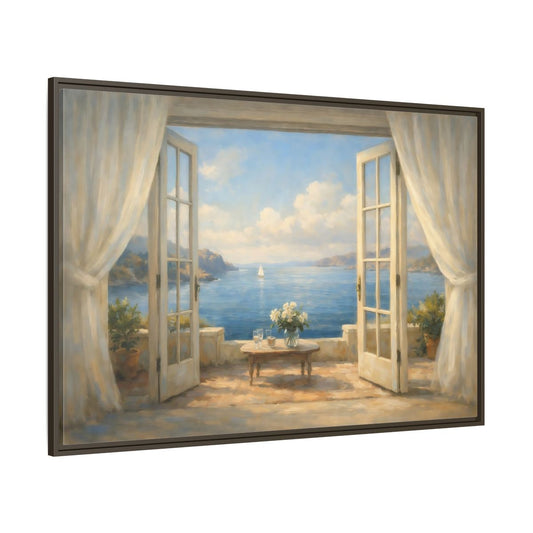 Main Mockup. Nature Coastal View Mediterranean Seascape shown as stretched canvas wall art