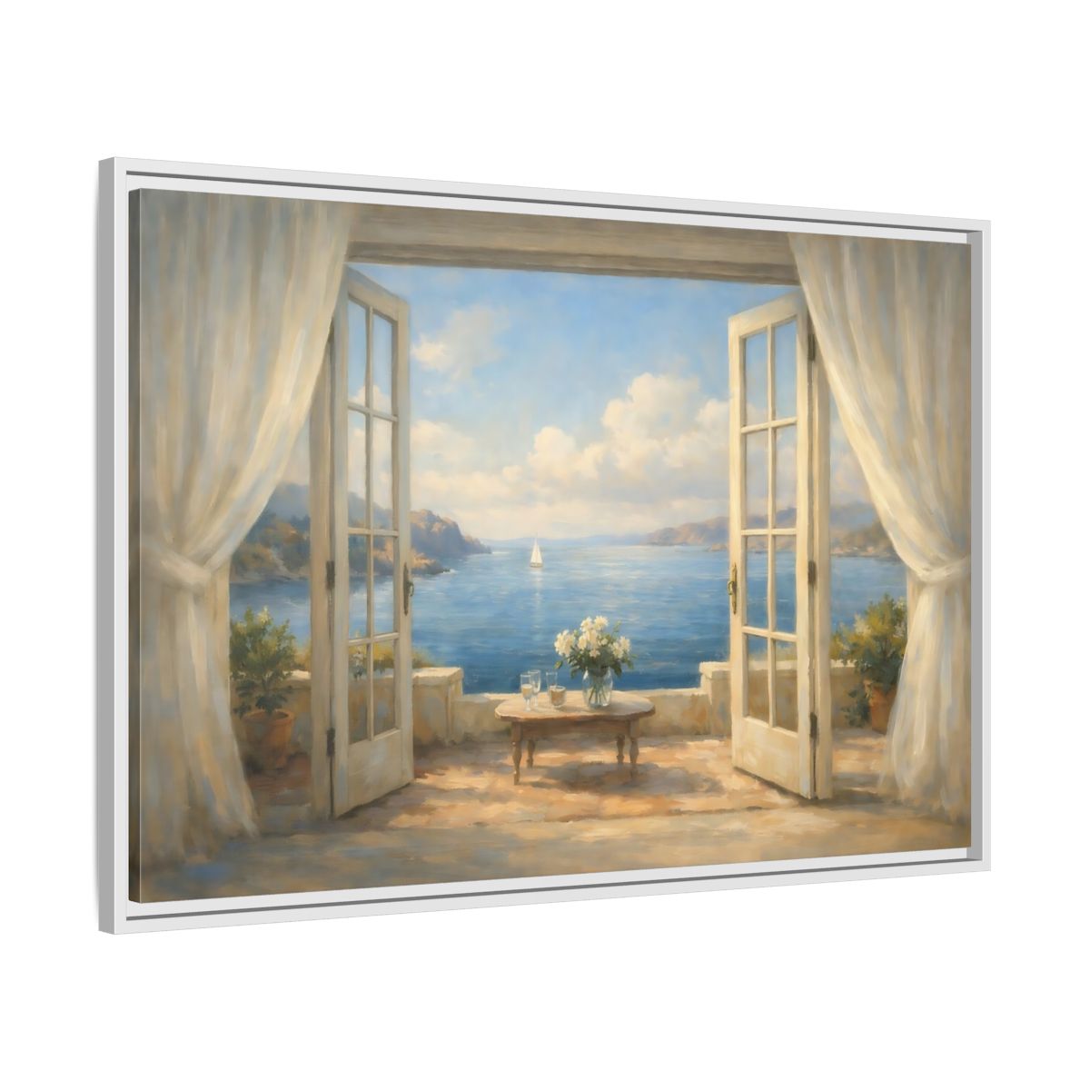 Side Mockup 8. Nature Coastal View Mediterranean Seascape shown as stretched canvas wall art