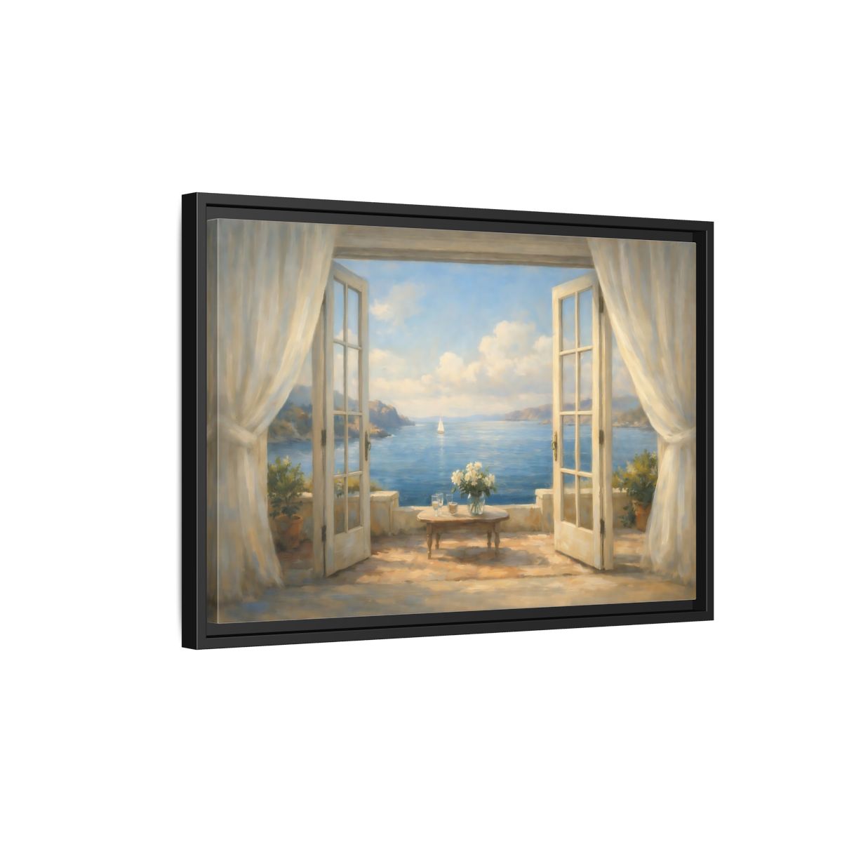 Side Mockup 3. Nature Coastal View Mediterranean Seascape shown as stretched canvas wall art