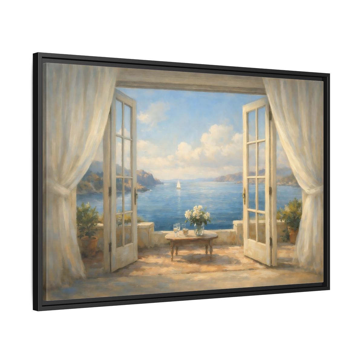 Side Mockup 13. Nature Coastal View Mediterranean Seascape shown as stretched canvas wall art