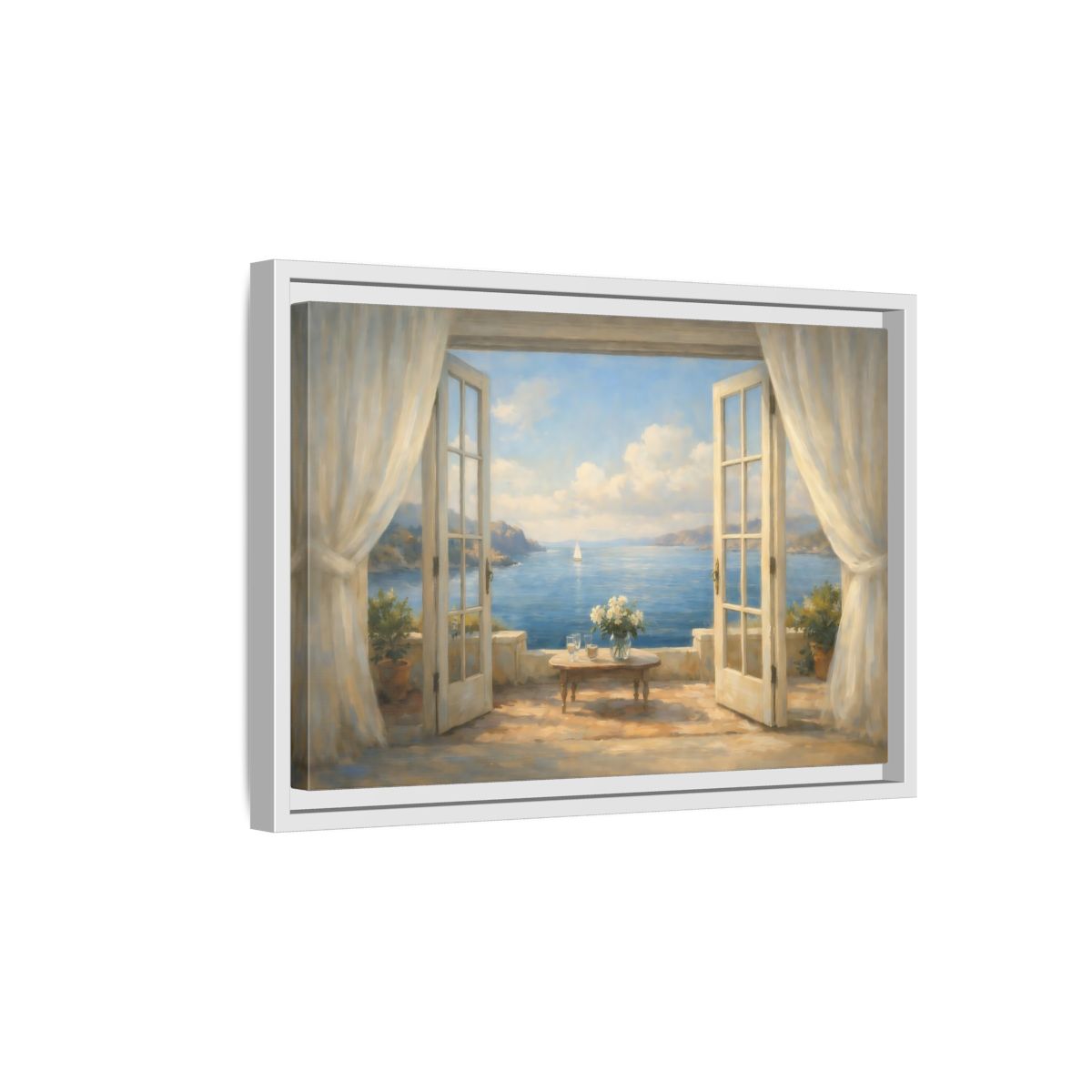 Side Mockup 4. Nature Coastal View Mediterranean Seascape shown as stretched canvas wall art