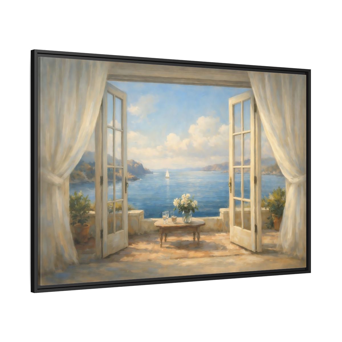 Side Mockup 12. Nature Coastal View Mediterranean Seascape shown as stretched canvas wall art