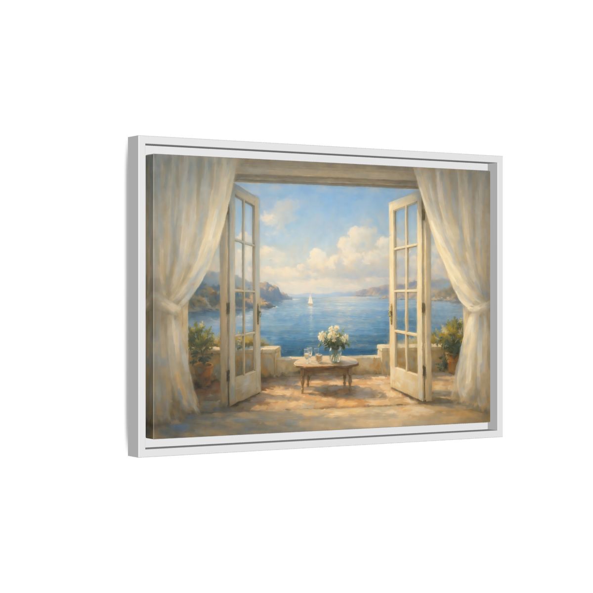 Side Mockup 1. Nature Coastal View Mediterranean Seascape shown as stretched canvas wall art