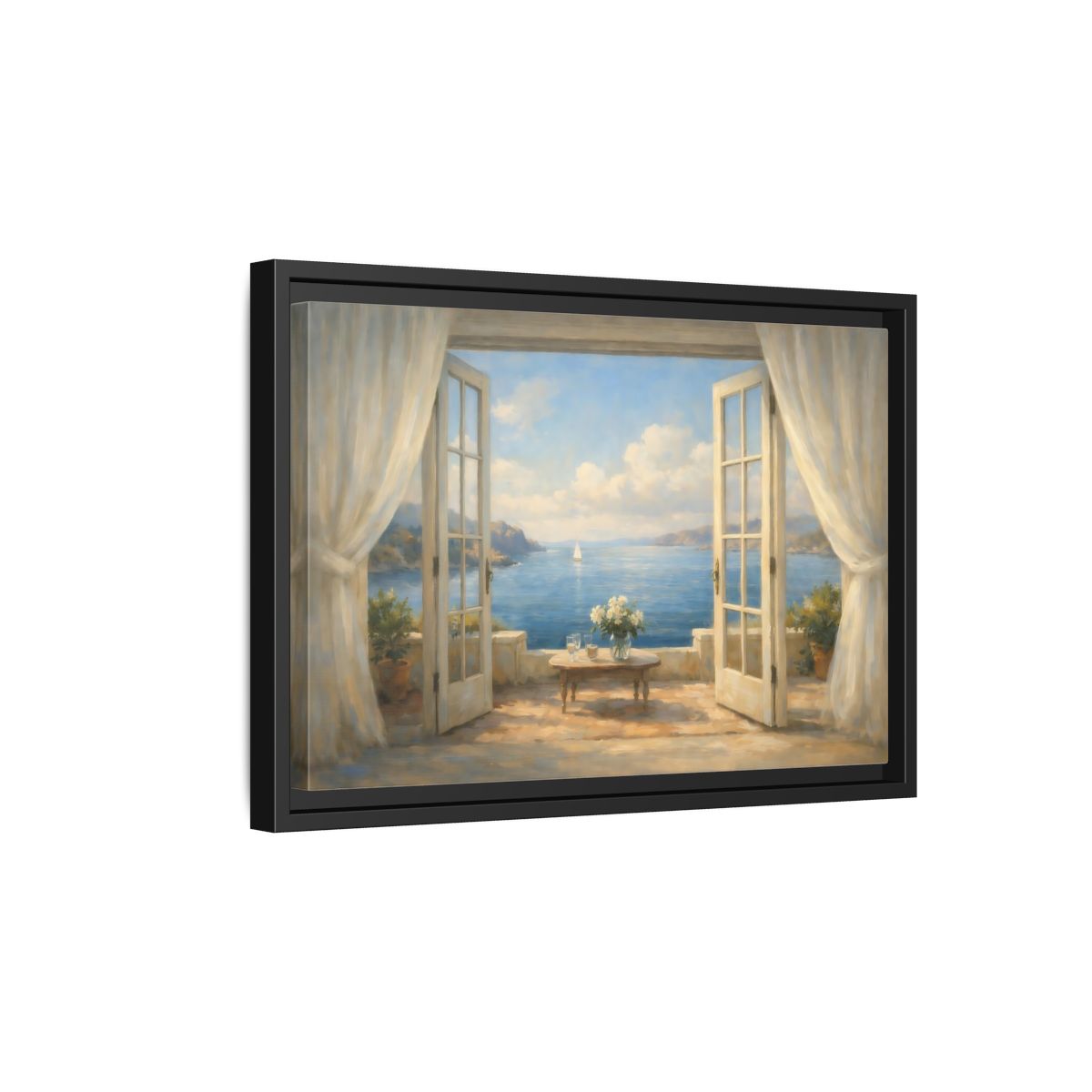Side Mockup 6. Nature Coastal View Mediterranean Seascape shown as stretched canvas wall art