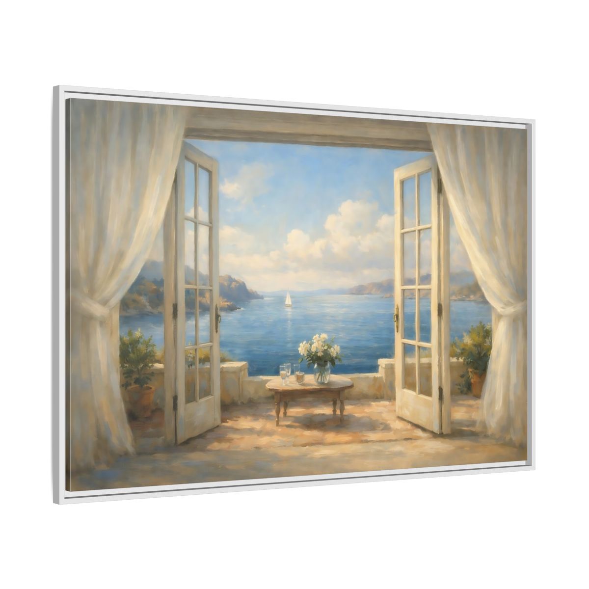 Side Mockup 7. Nature Coastal View Mediterranean Seascape shown as stretched canvas wall art