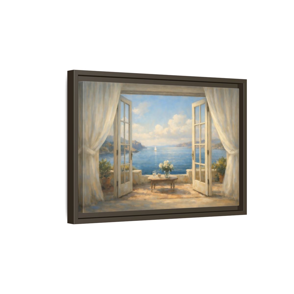 Side Mockup 5. Nature Coastal View Mediterranean Seascape shown as stretched canvas wall art