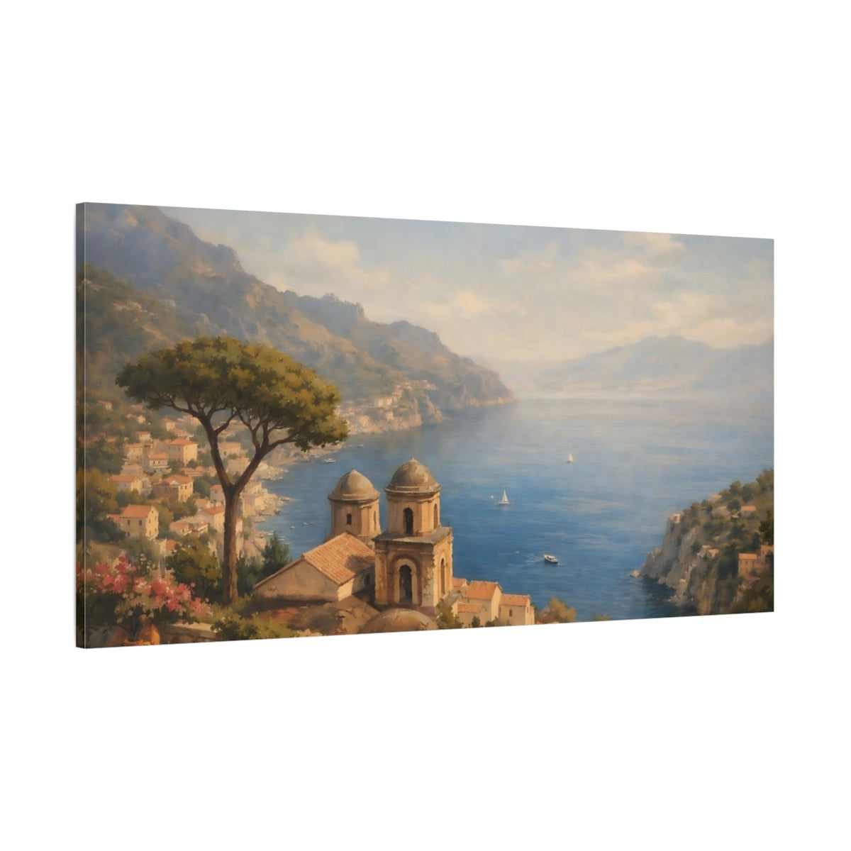 Main Mockup. Nature Coastal Village Coastal Landscape shown as stretched canvas wall art