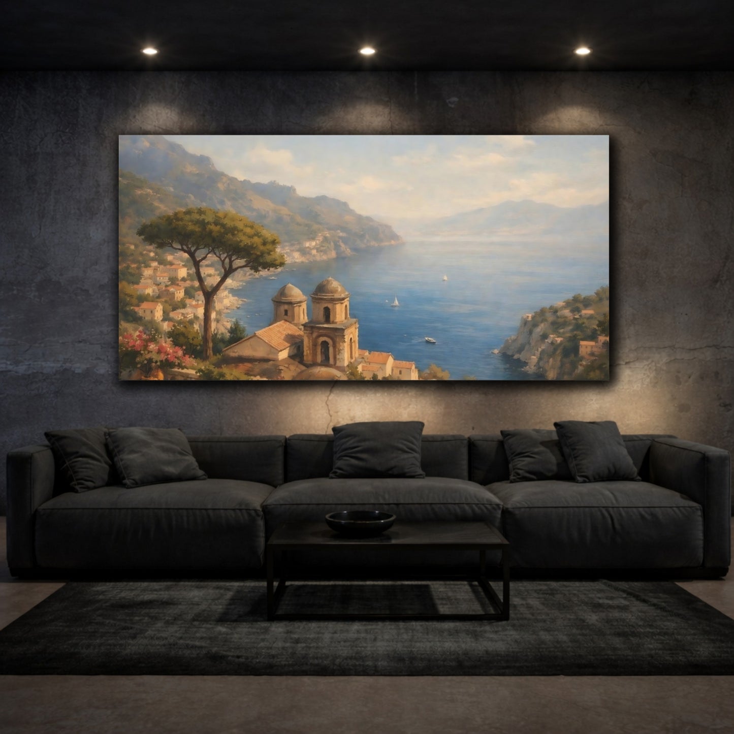 Mockup 2. Nature Coastal Village Coastal Landscape shown as stretched canvas wall art