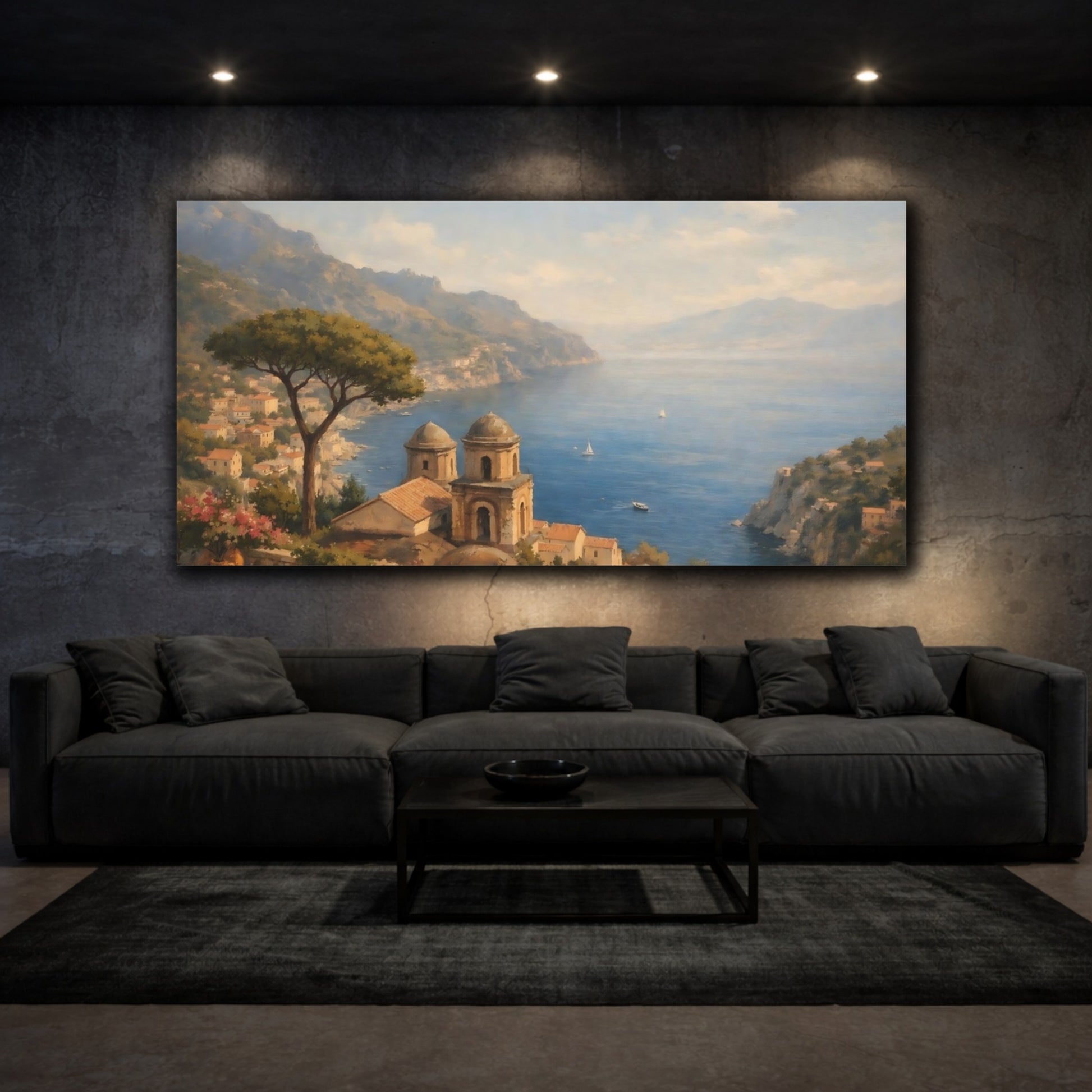 Mockup 2. Nature Coastal Village Coastal Landscape shown as stretched canvas wall art