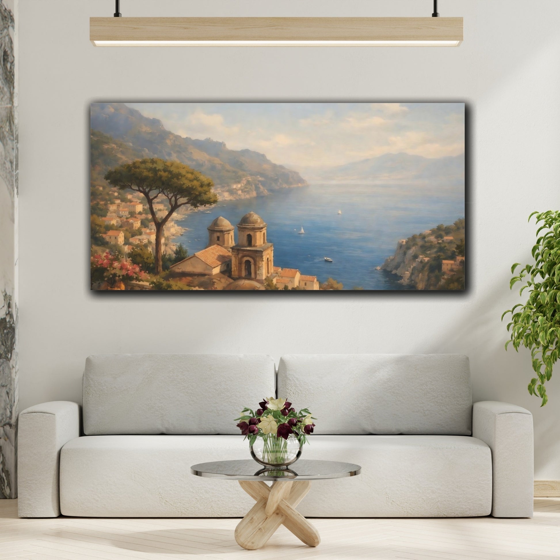 Mockup 3. Nature Coastal Village Coastal Landscape shown as stretched canvas wall art