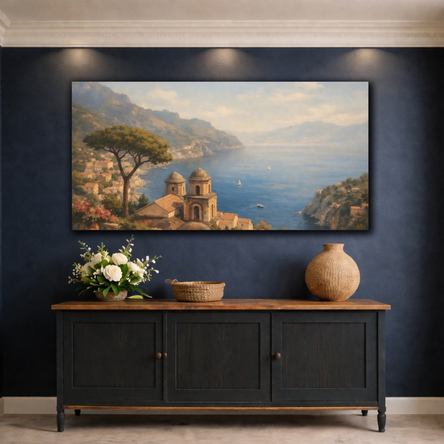 Mockup 4. Nature Coastal Village Coastal Landscape shown as stretched canvas wall art