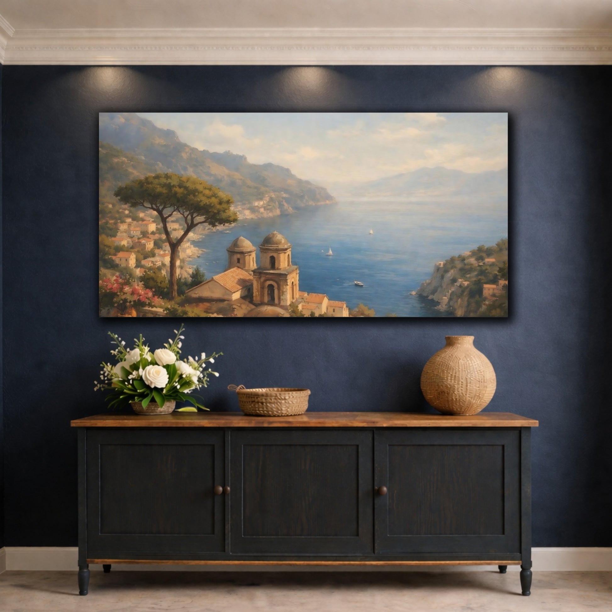 Mockup 4. Nature Coastal Village Coastal Landscape shown as stretched canvas wall art