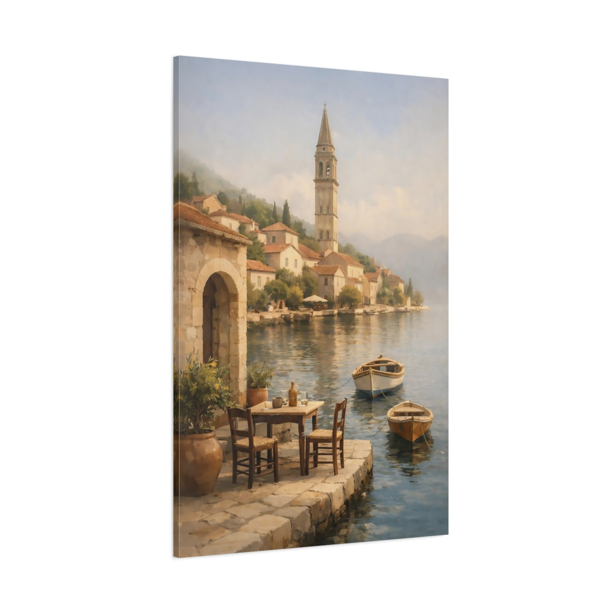 Main Mockup. Nature Coastal Village Coastal Village Scene shown as stretched canvas wall art