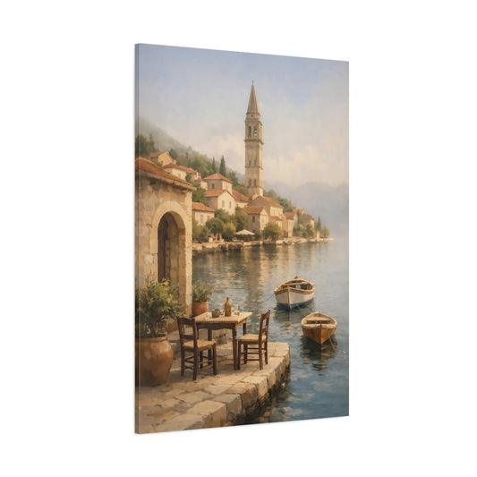 Main Mockup. Nature Coastal Village Coastal Village Scene shown as stretched canvas wall art
