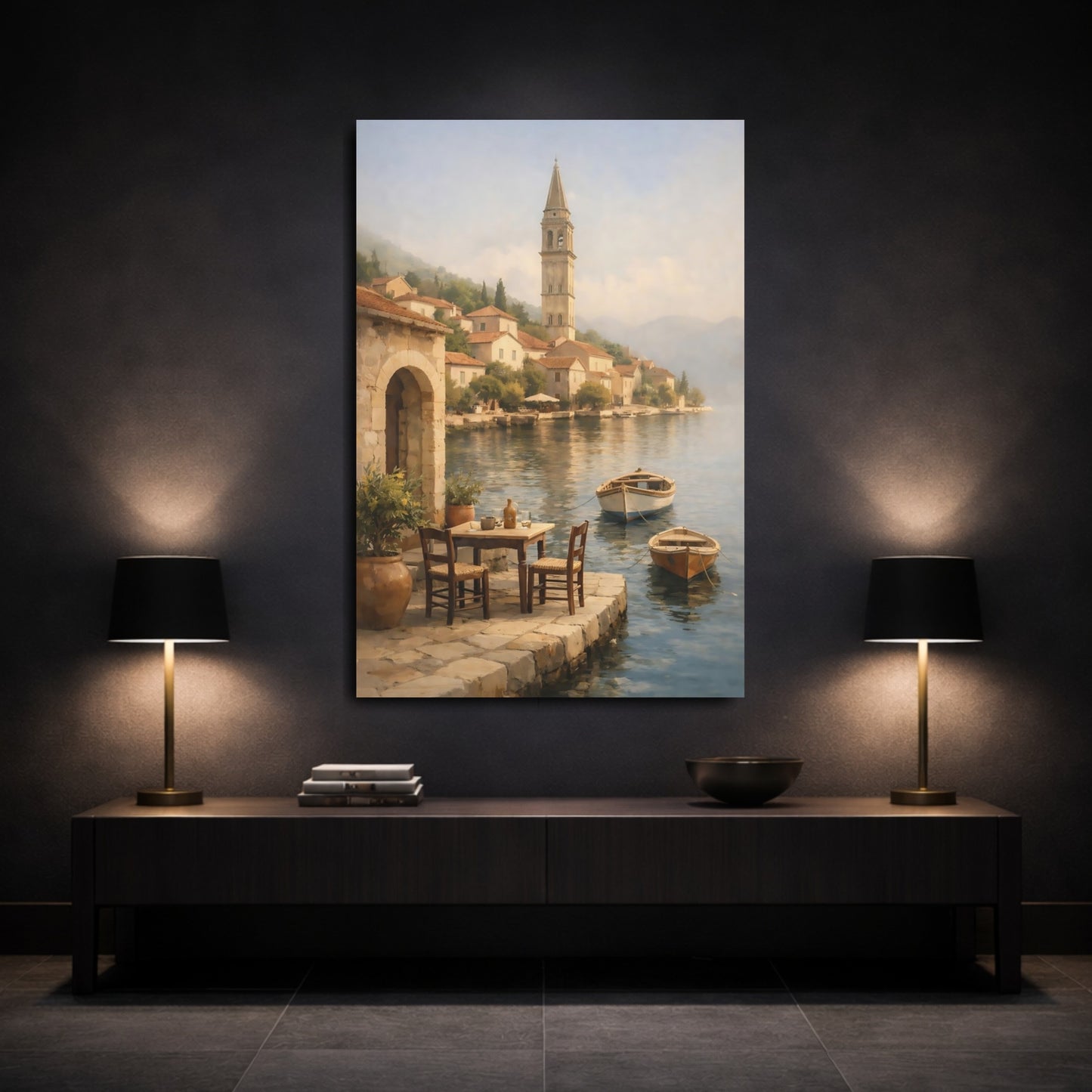 Mockup 2. Nature Coastal Village Coastal Village Scene shown as stretched canvas wall art