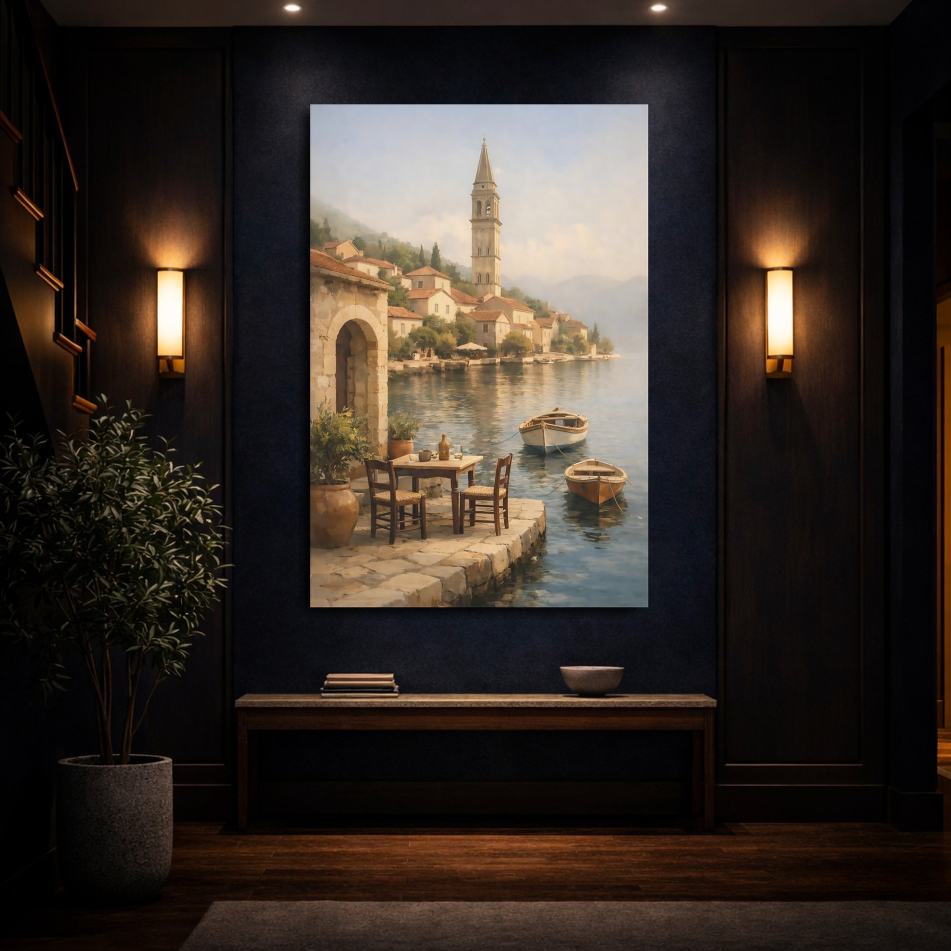 Mockup 3. Nature Coastal Village Coastal Village Scene shown as stretched canvas wall art
