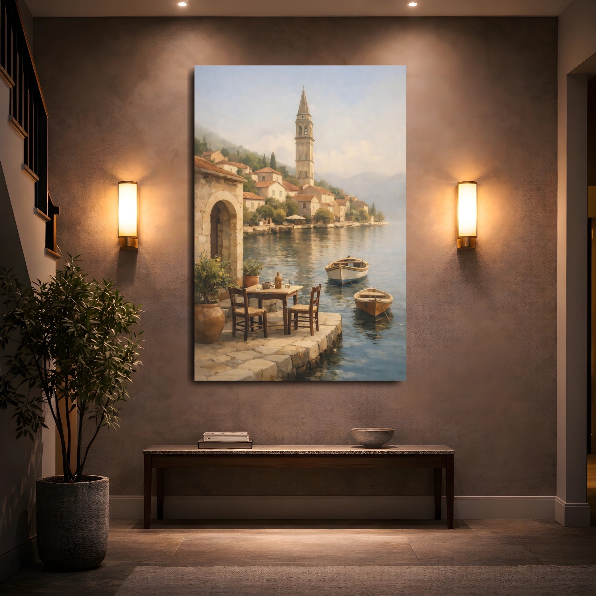 Mockup 4. Nature Coastal Village Coastal Village Scene shown as stretched canvas wall art