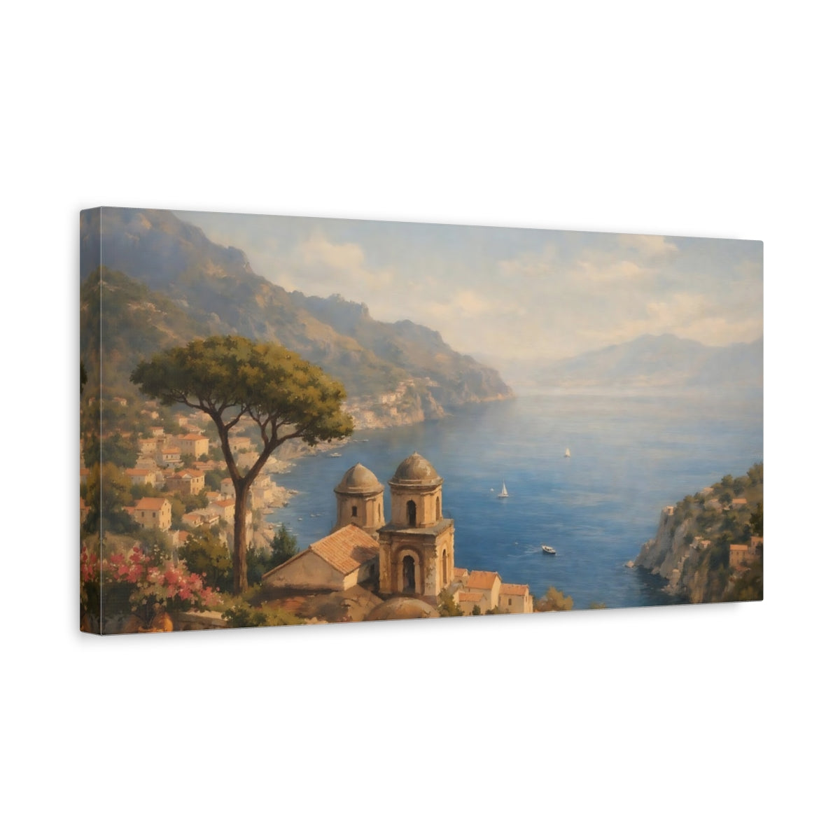 Side Mockup 3. Nature Coastal Village Coastal Landscape shown as stretched canvas wall art