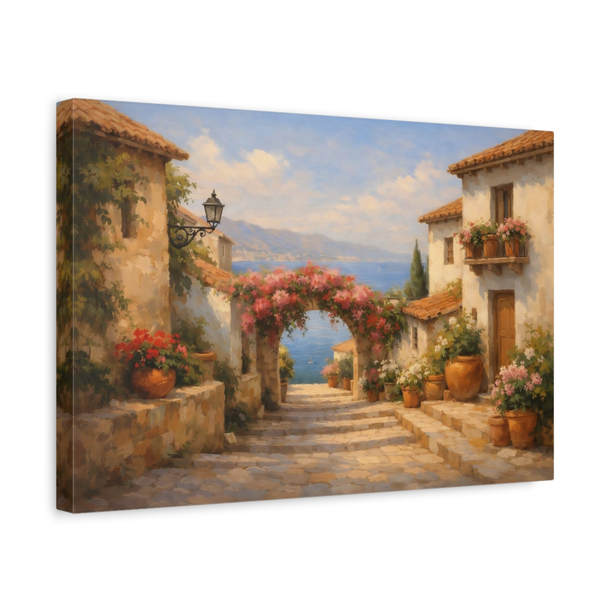 Side Mockup 4. Nature Coastal Village Mediterranean Village shown as stretched canvas wall art