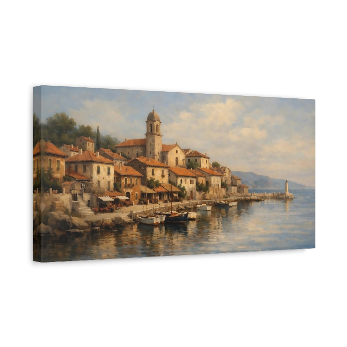 Side Mockup 3. Nature Coastal Village Mediterranean Village shown as stretched canvas wall art