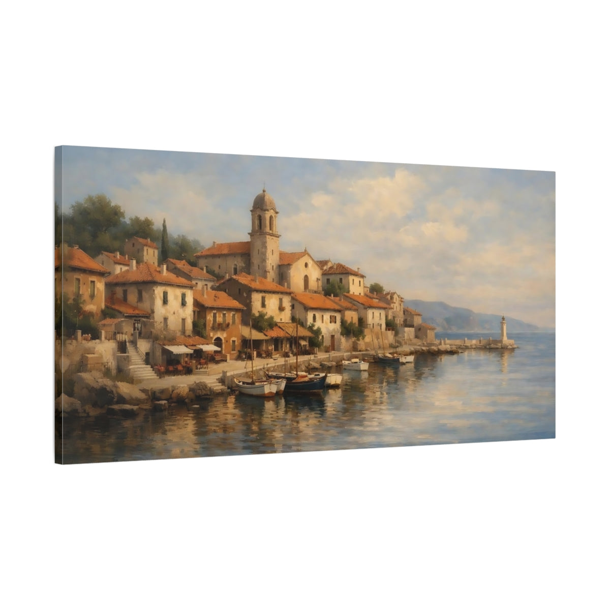 Side Mockup 1. Nature Coastal Village Mediterranean Village shown as stretched canvas wall art