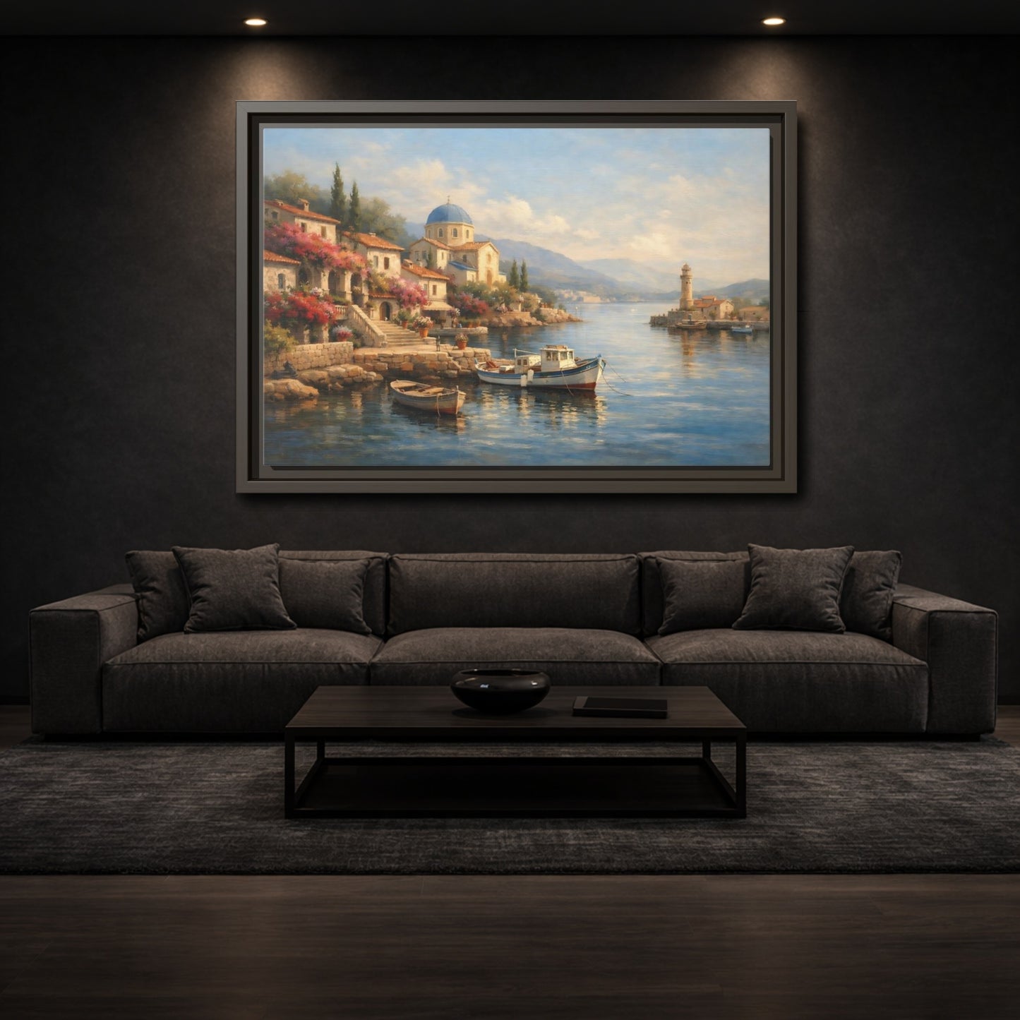 Mockup 2. Nature Coastal Village Mediterranean Coastal shown as stretched canvas wall art