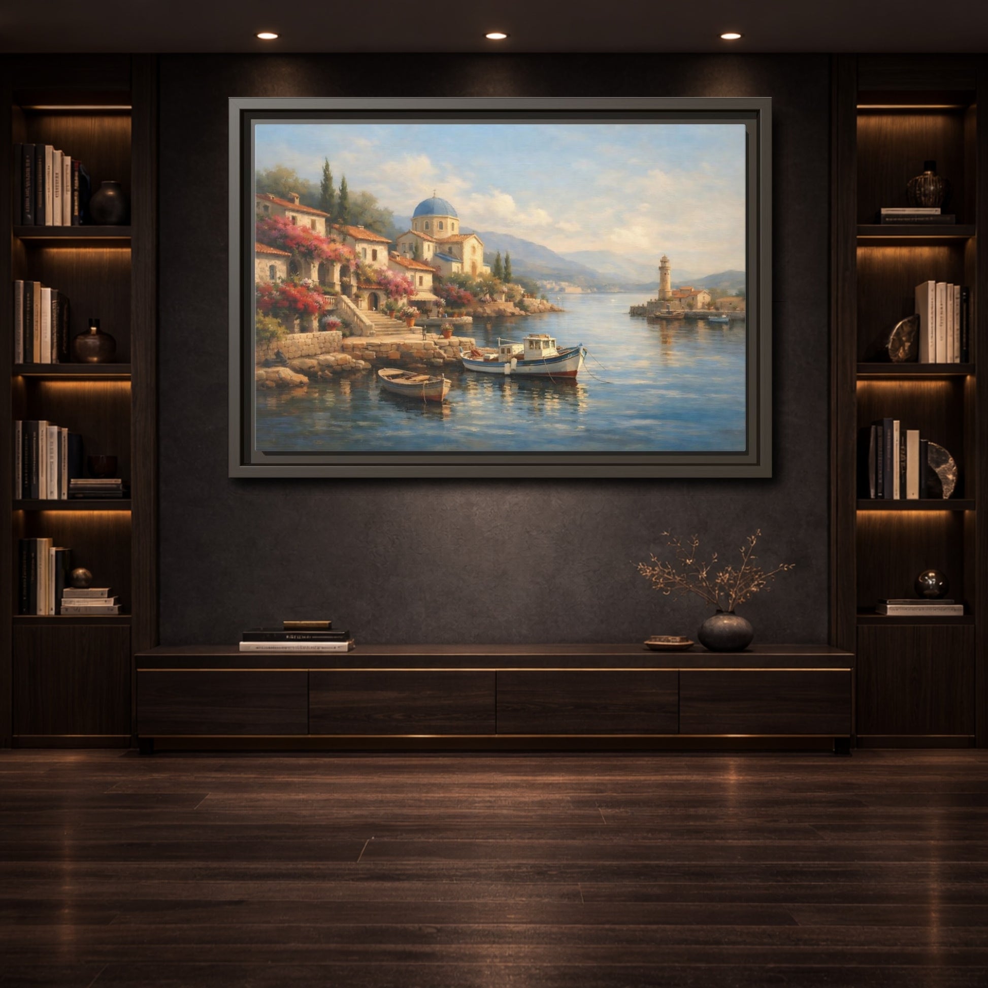 Mockup 3. Nature Coastal Village Mediterranean Coastal shown as stretched canvas wall art