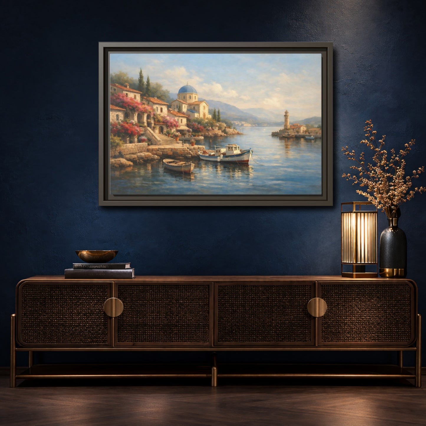 Mockup 4. Nature Coastal Village Mediterranean Coastal shown as stretched canvas wall art