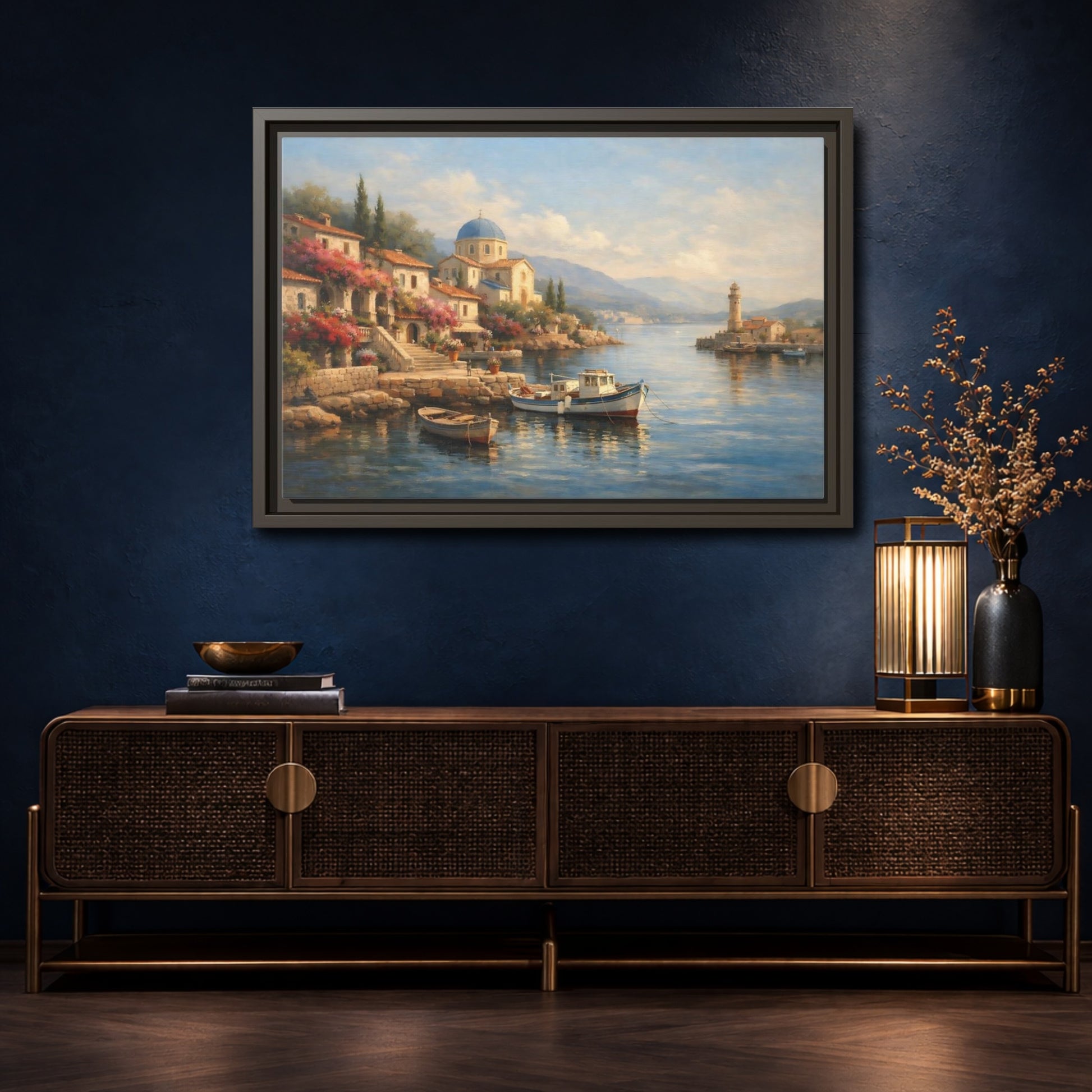 Mockup 4. Nature Coastal Village Mediterranean Coastal shown as stretched canvas wall art