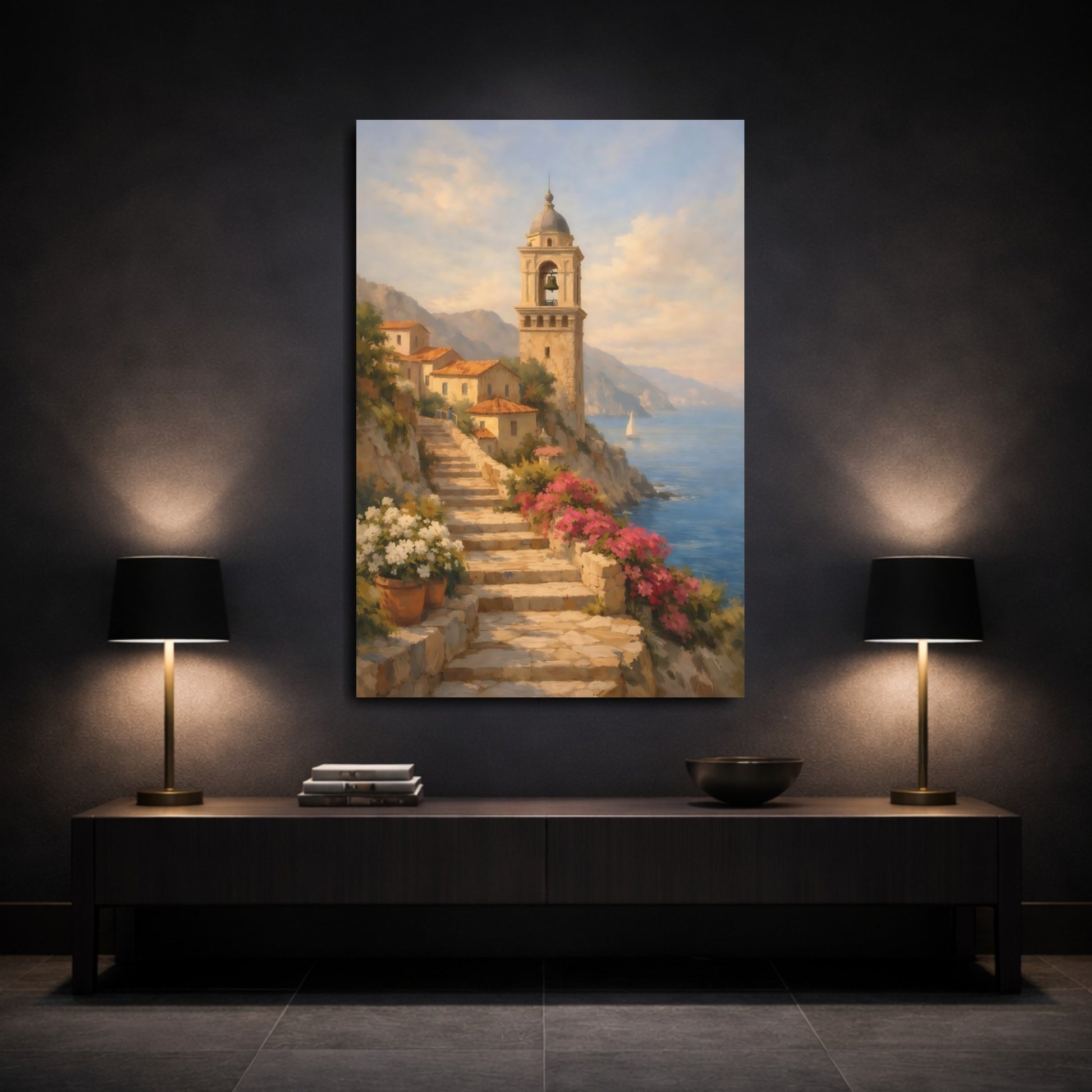 Mockup 2. Nature Coastal Village Mediterranean Coastal Village shown as stretched canvas wall art