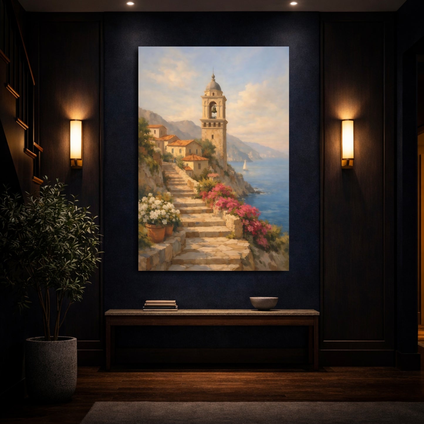 Mockup 3. Nature Coastal Village Mediterranean Coastal Village shown as stretched canvas wall art