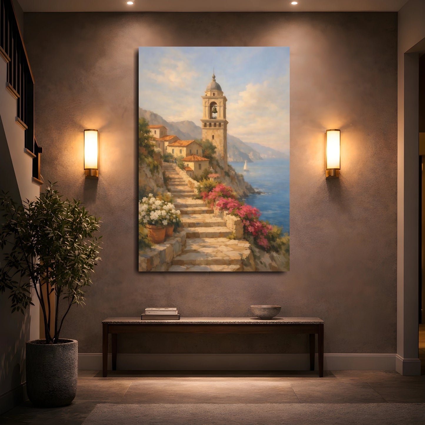 Mockup 4. Nature Coastal Village Mediterranean Coastal Village shown as stretched canvas wall art