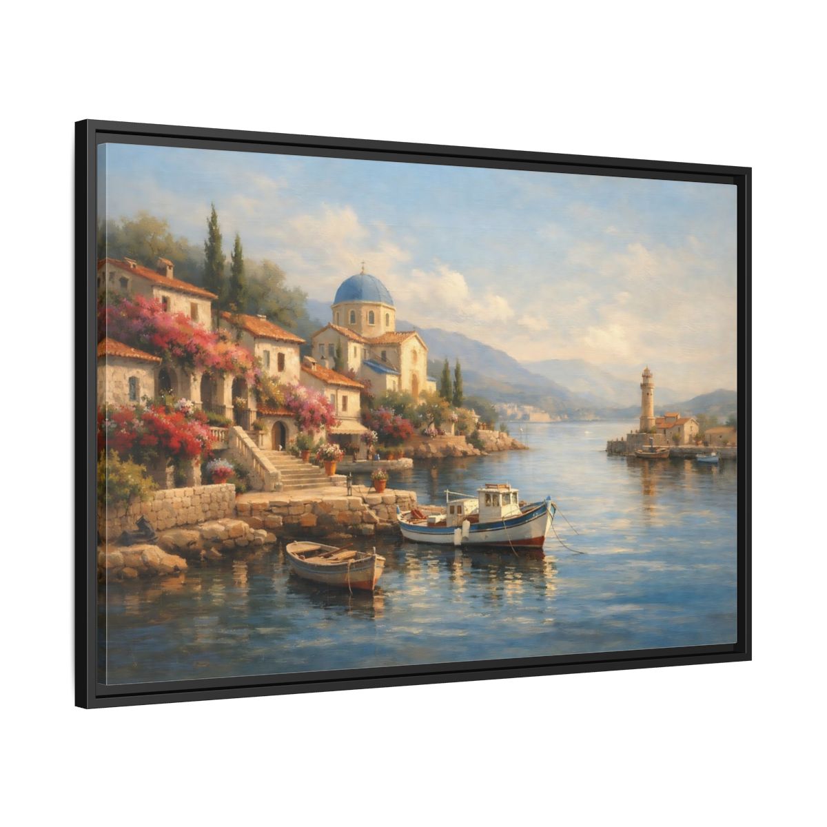 Side Mockup 13. Nature Coastal Village Mediterranean Coastal shown as stretched canvas wall art
