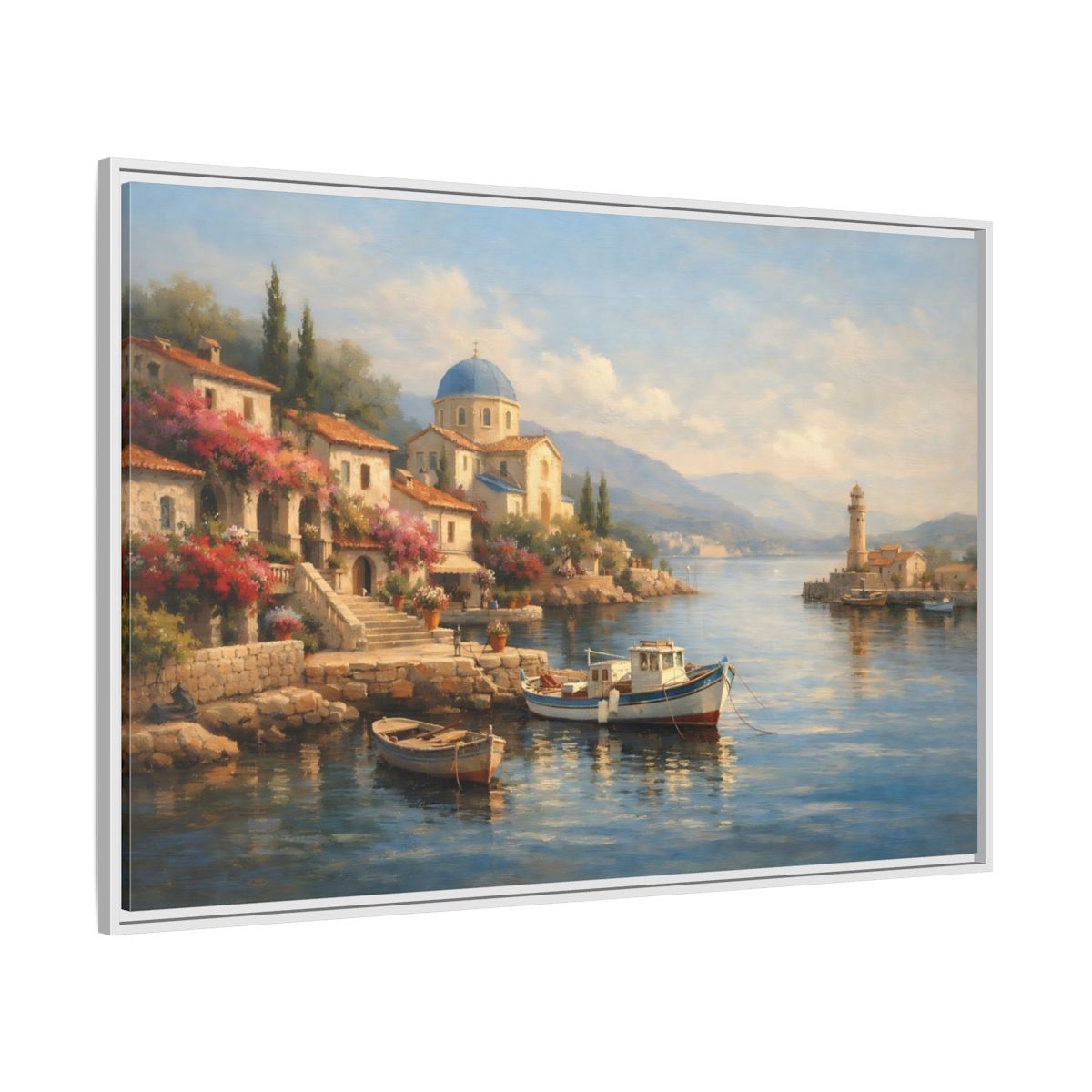 Side Mockup 7. Nature Coastal Village Mediterranean Coastal shown as stretched canvas wall art