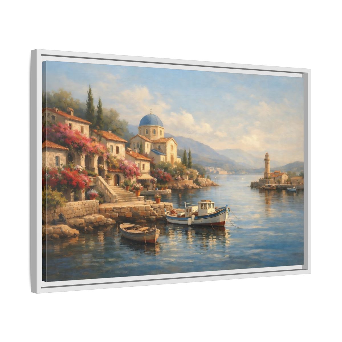 Side Mockup 10. Nature Coastal Village Mediterranean Coastal shown as stretched canvas wall art