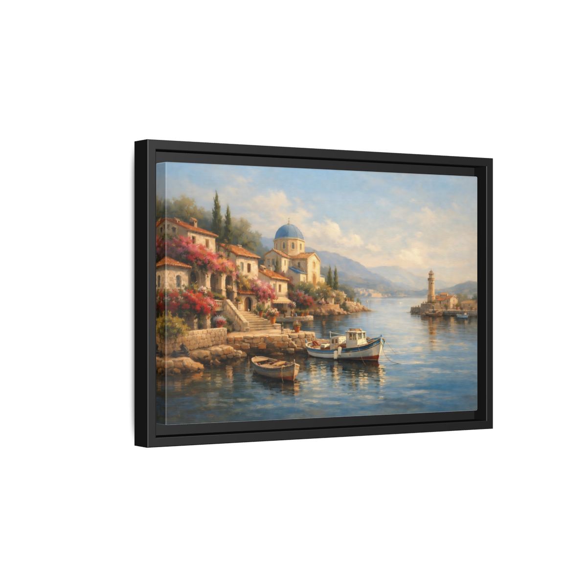 Side Mockup 6. Nature Coastal Village Mediterranean Coastal shown as stretched canvas wall art