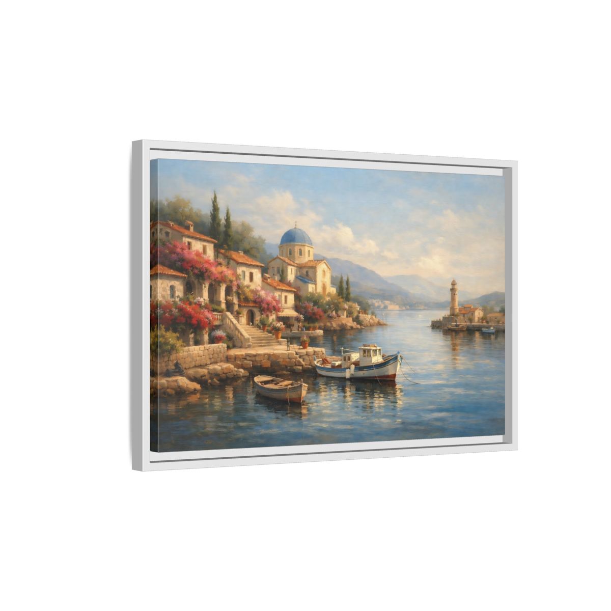 Side Mockup 1. Nature Coastal Village Mediterranean Coastal shown as stretched canvas wall art