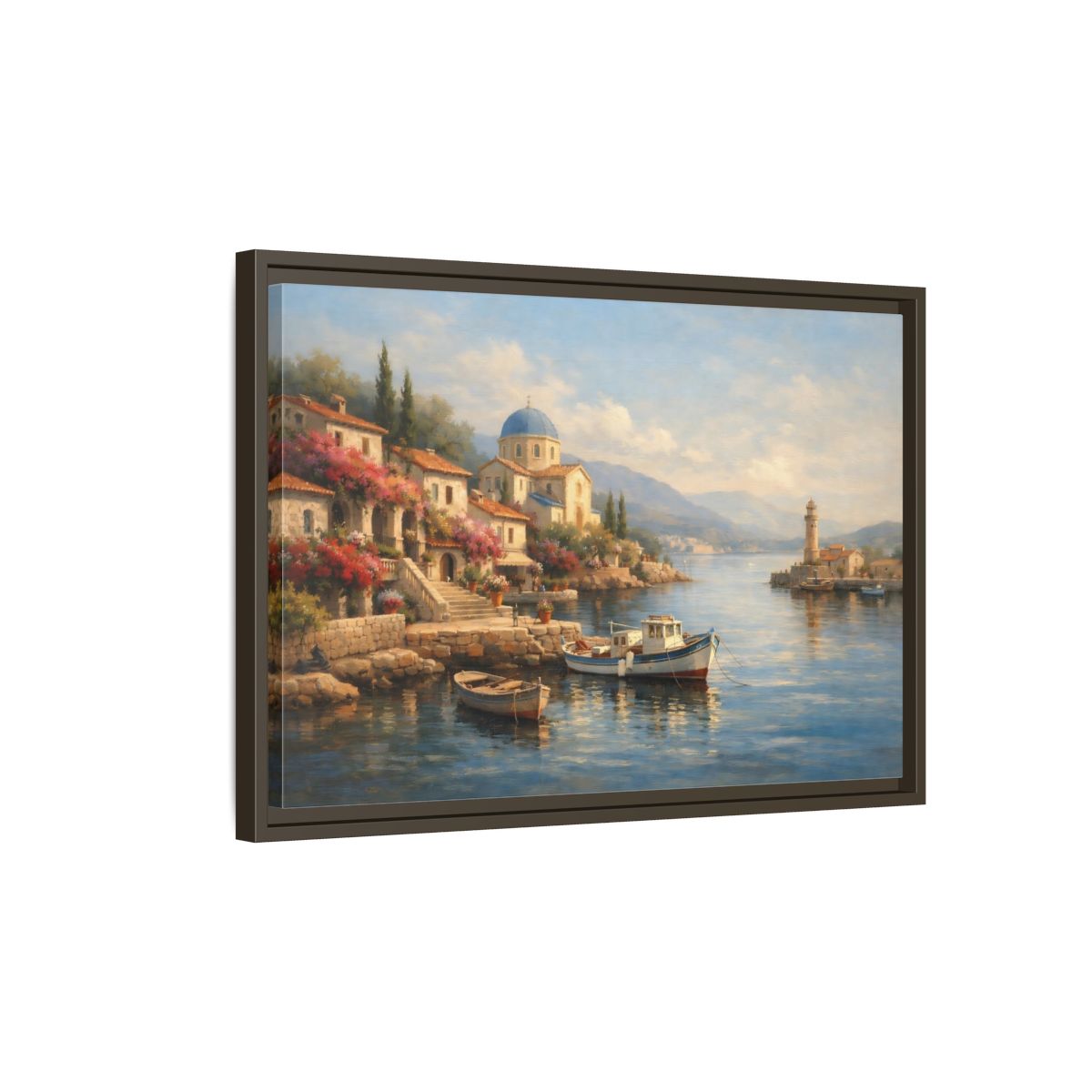 Side Mockup 2. Nature Coastal Village Mediterranean Coastal shown as stretched canvas wall art