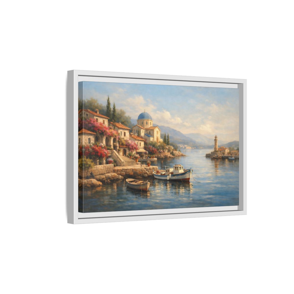 Side Mockup 4. Nature Coastal Village Mediterranean Coastal shown as stretched canvas wall art