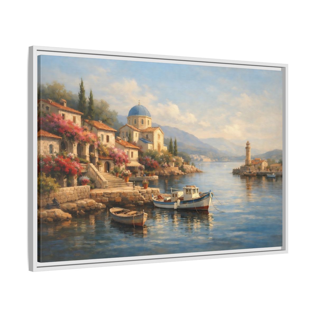 Side Mockup 8. Nature Coastal Village Mediterranean Coastal shown as stretched canvas wall art